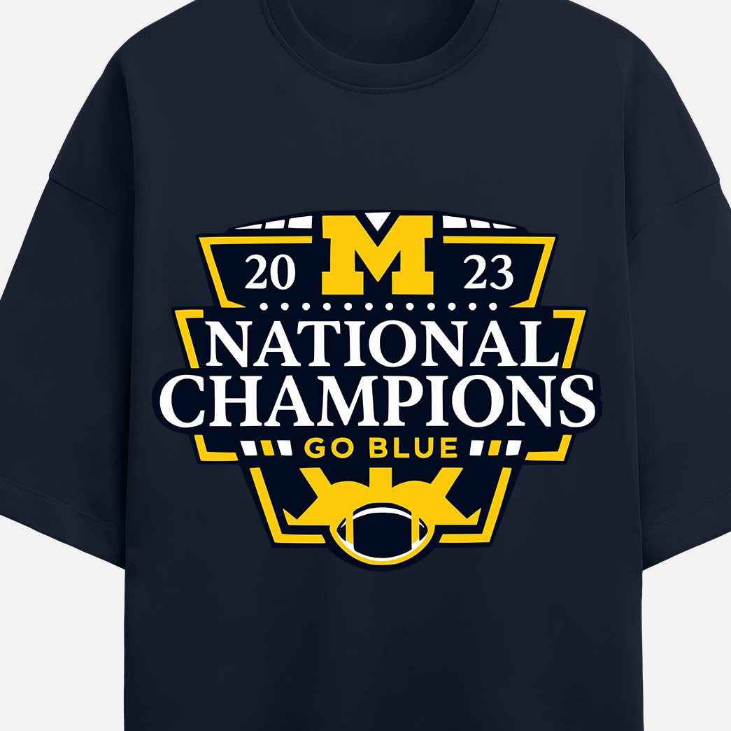 Navy blue sweatshirt with '2023 National Champions Go Blue' text and logo on a white background