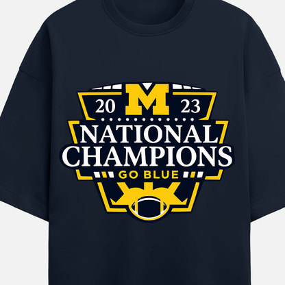 Navy blue sweatshirt with '2023 National Champions Go Blue' text and logo on a white background