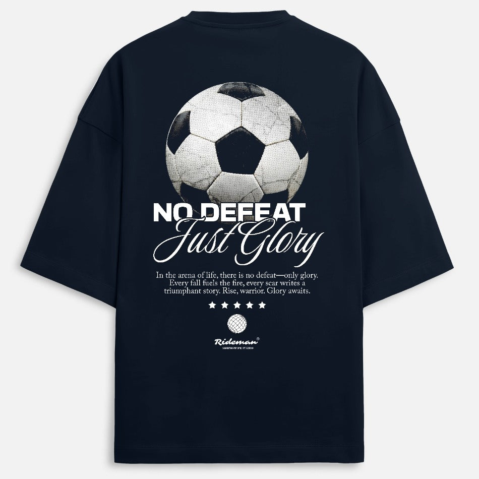 navy t-shirt with soccer ball graphic and text on the back against a white background