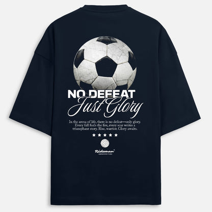 navy t-shirt with soccer ball graphic and text on the back against a white background