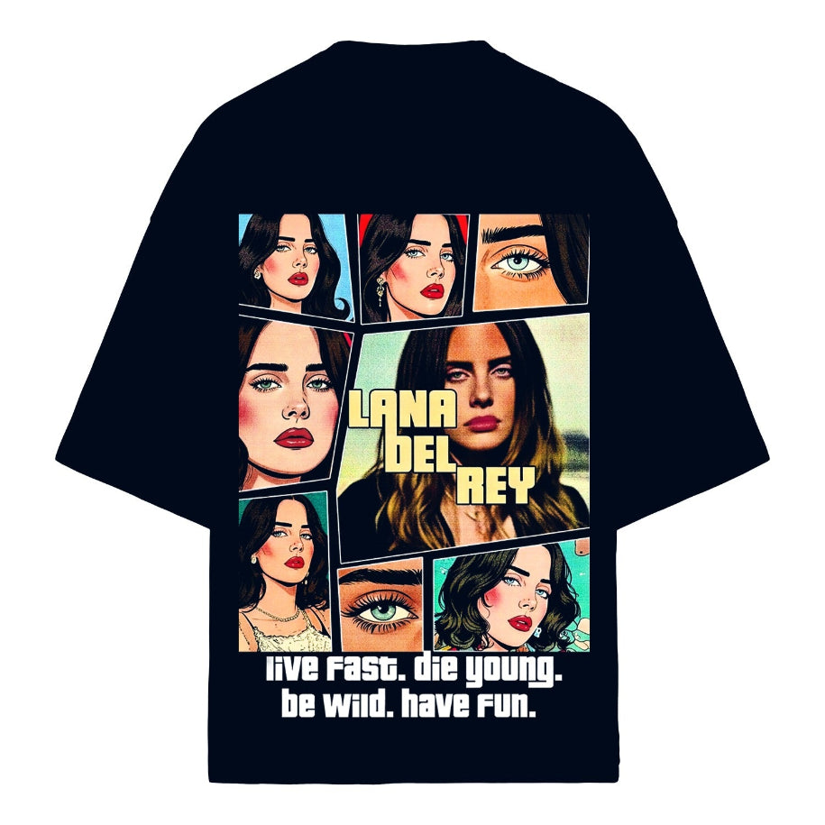 Black t-shirt with collage of a woman's face and text 'Lana Del Rey' on a white background