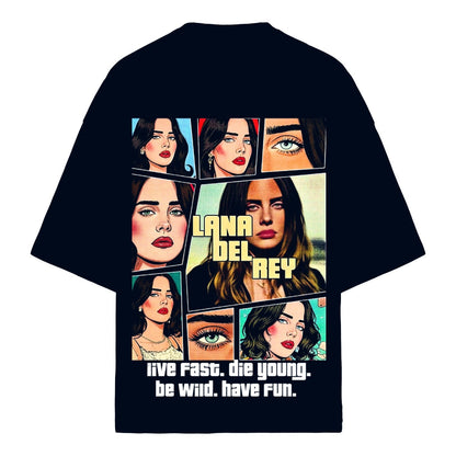 Black t-shirt with collage of a woman's face and text 'Lana Del Rey' on a white background