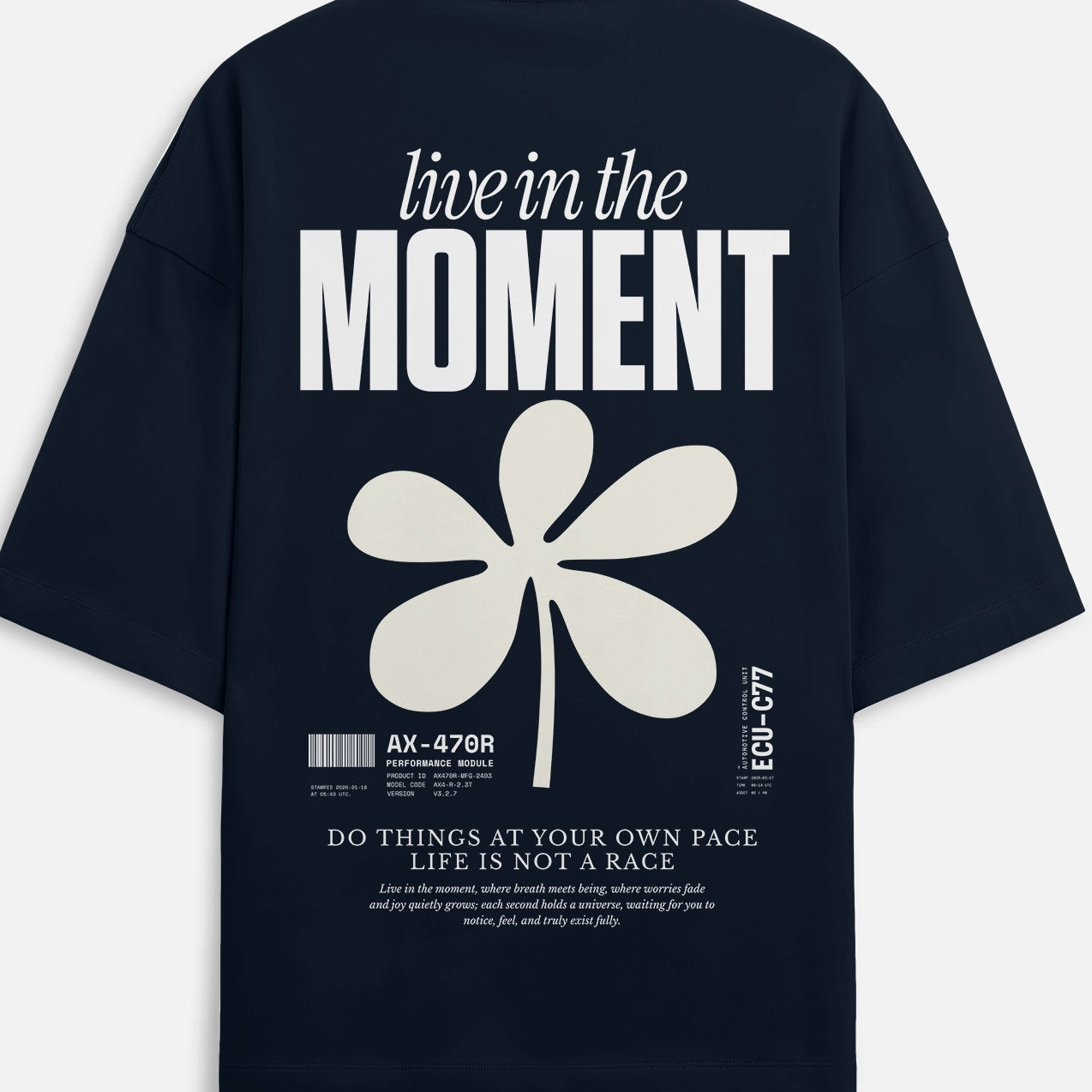 Black t-shirt with white text and flower design on a plain background