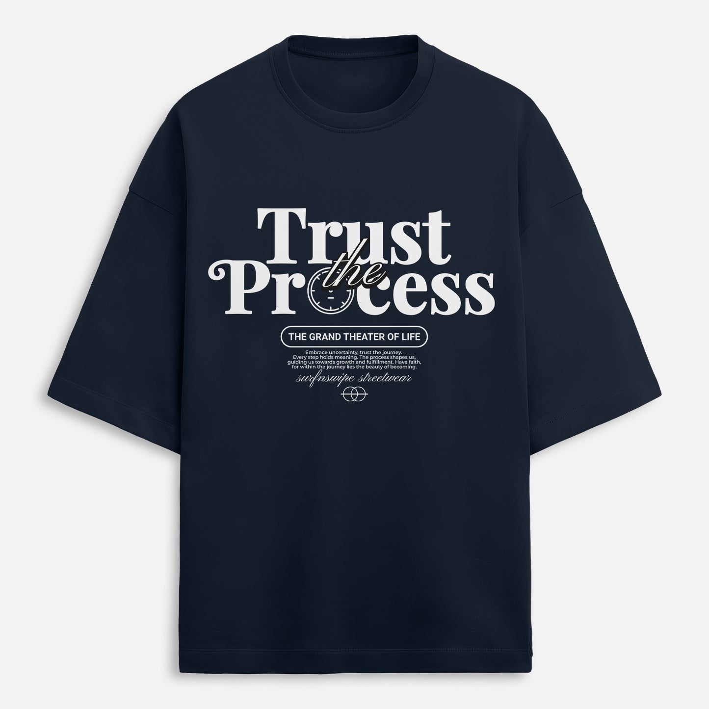 Black t-shirt with 'Trust the Process' text on a light gray background