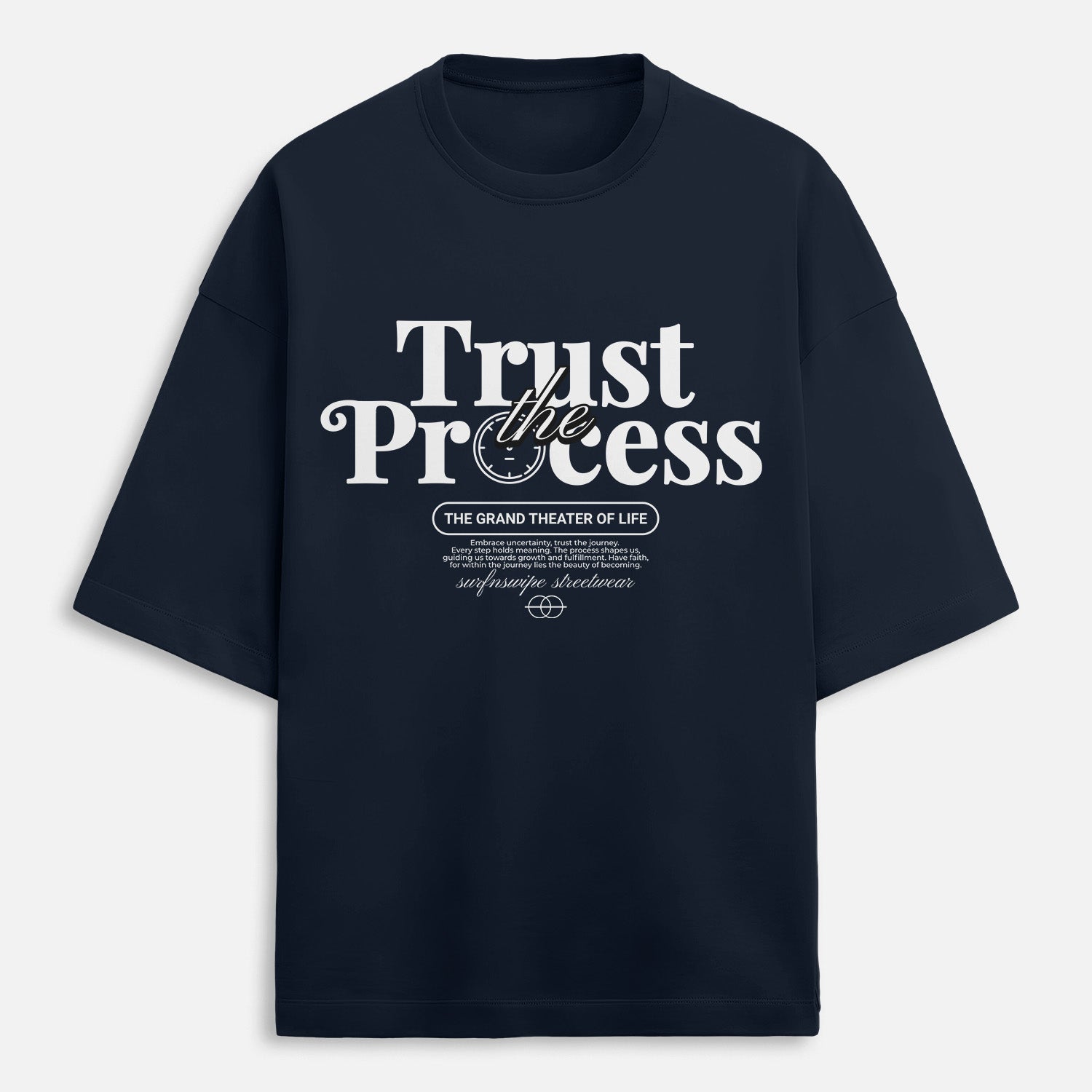 Black t-shirt with 'Trust the Process' text on a light gray background