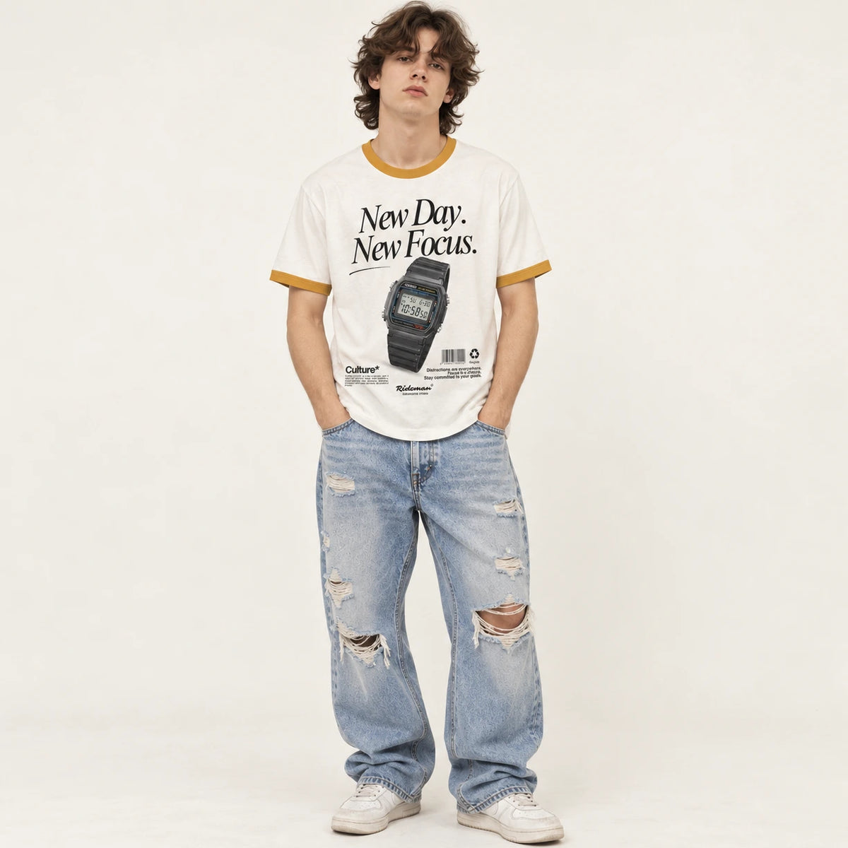 Model wearing New Day New Focus ringer tee with ripped light-wash jeans, front view streetwear outfit