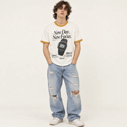 Model wearing New Day New Focus ringer tee with ripped light-wash jeans, front view streetwear outfit
