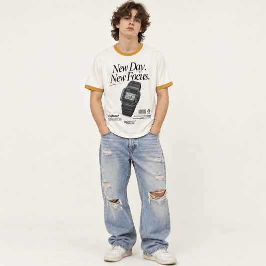 Model wearing New Day New Focus ringer tee with ripped light-wash jeans, front view streetwear outfit