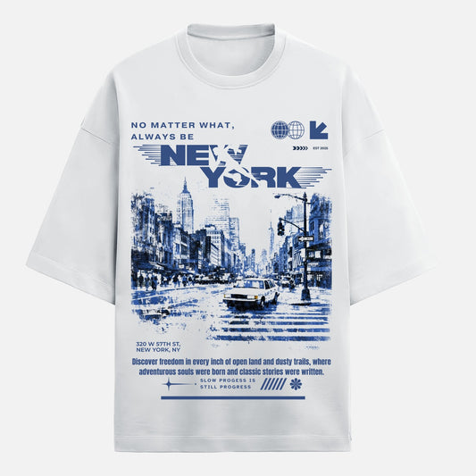 White t-shirt with New York-themed graphic design on a white background
