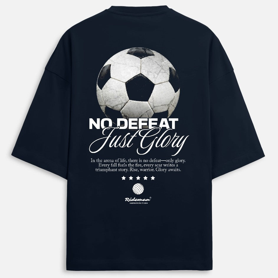 navy t-shirt with soccer ball graphic and text on a white background