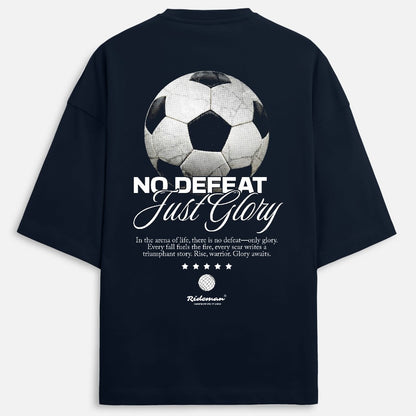 navy t-shirt with soccer ball graphic and text on a white background