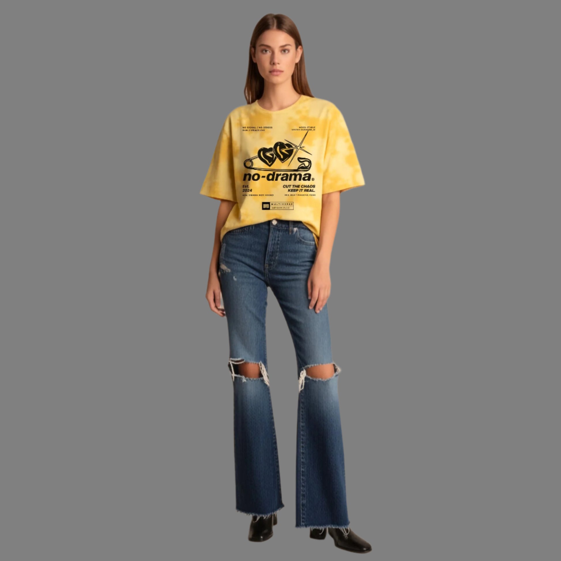 Woman wearing a yellow t-shirt with text and blue jeans on a beige background