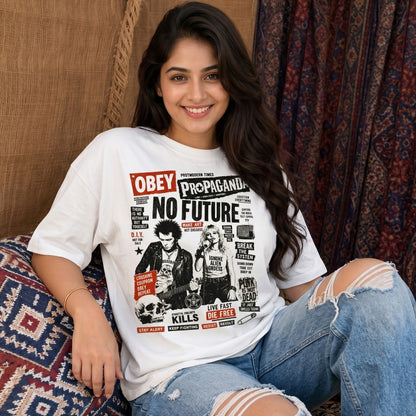 Woman wearing a white t-shirt with graphic design and text, sitting on a patterned chair.