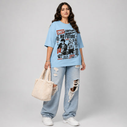 Woman wearing a blue t-shirt with graphic design and text