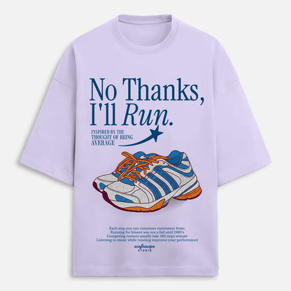 Lavender t-shirt with running shoe graphic and text on a light blue background