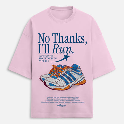 Pink t-shirt with blue text and running shoe graphic on a white background