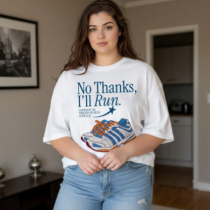 Woman wearing a white t-shirt with a graphic and text in a living room.