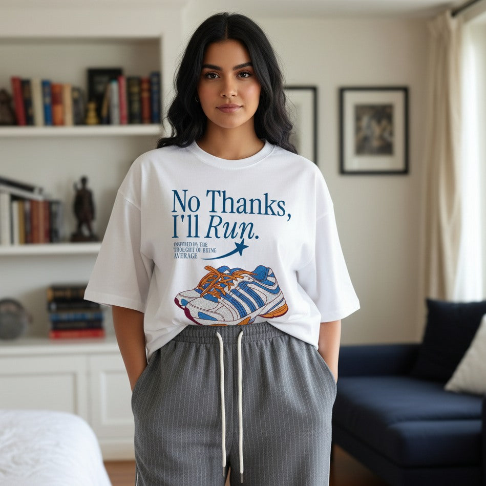 Person wearing a white t-shirt with a graphic and text in a living room.