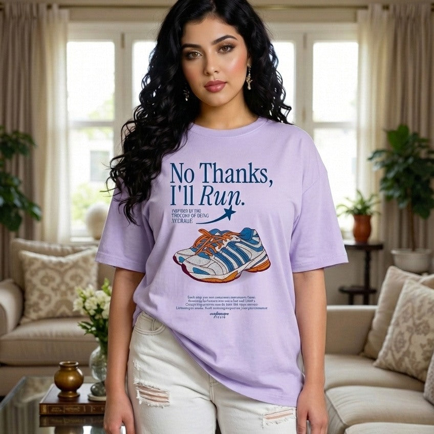 Woman wearing a purple t-shirt with a graphic and text in a living room.