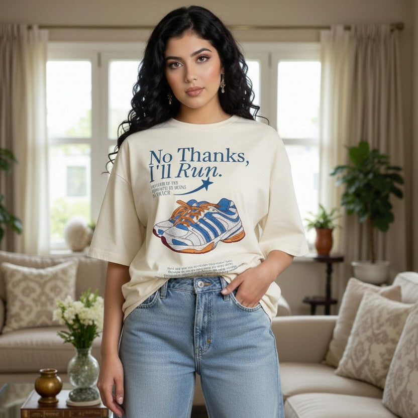 Woman wearing a t-shirt with a graphic and text in a living room setting