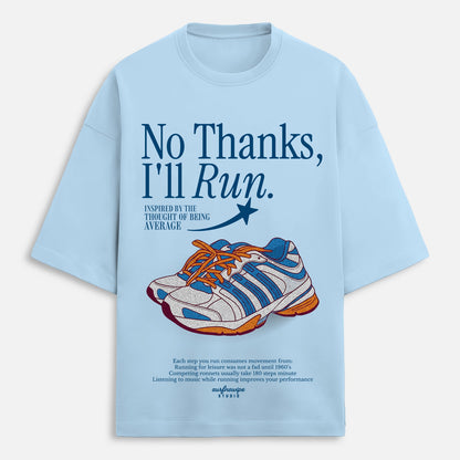 Light blue t-shirt with running shoe graphic and text on a white background