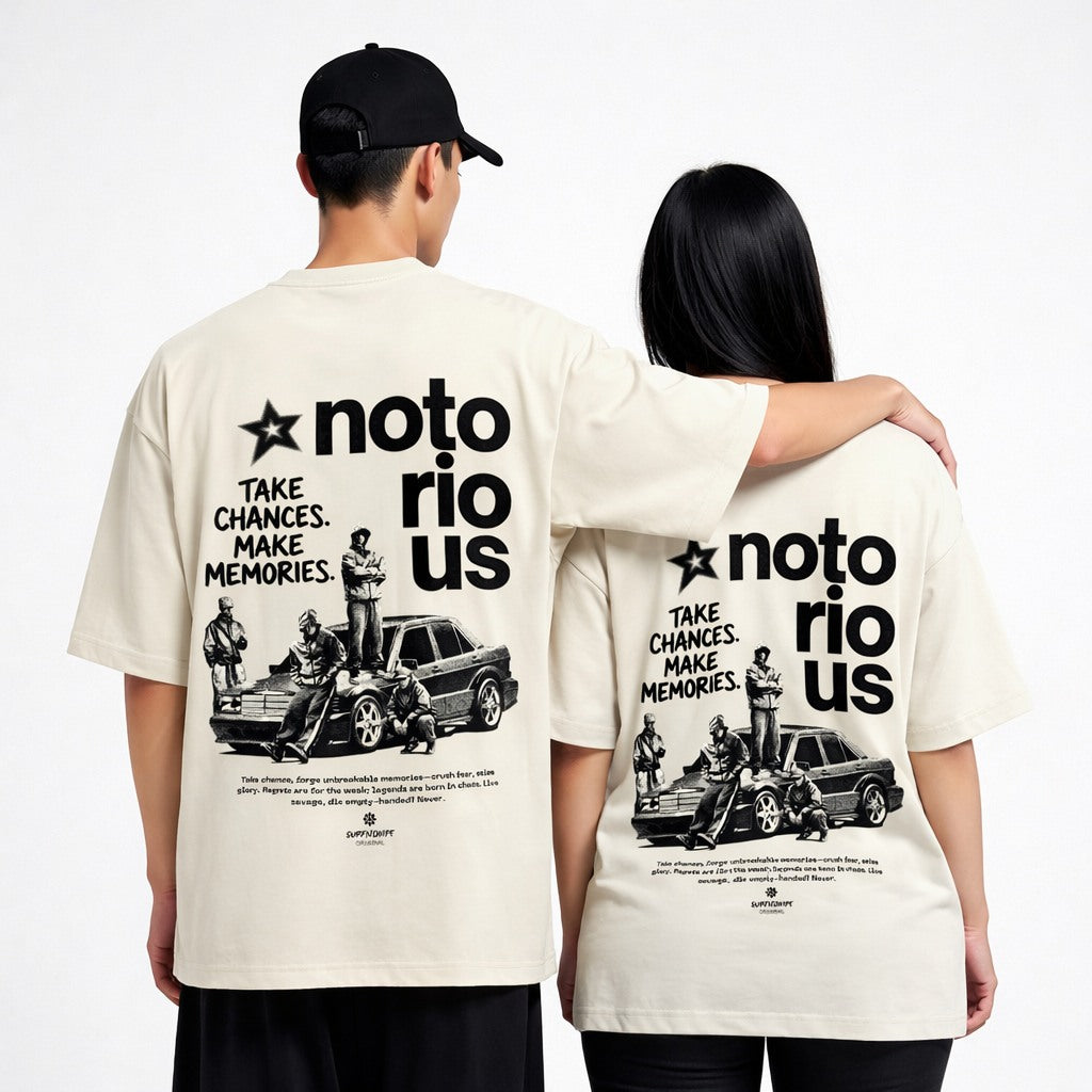 Two people wearing matching 'notorious' t-shirts with graphic design and text.