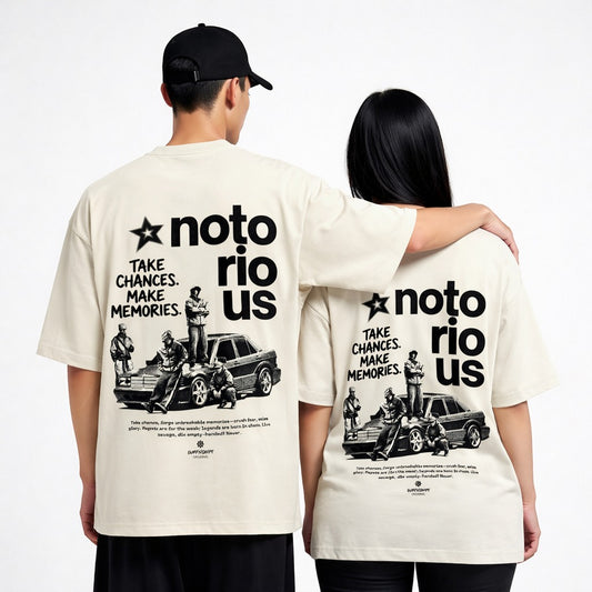 Two people wearing matching 'notorious' t-shirts with graphic design and text.