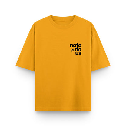 Yellow t-shirt with black text on a white background