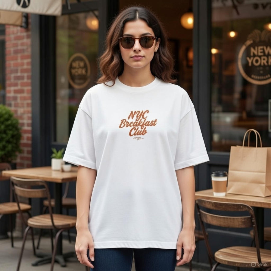 Woman wearing a white t-shirt with 'NYC Breakfast Club' text in an outdoor cafe setting