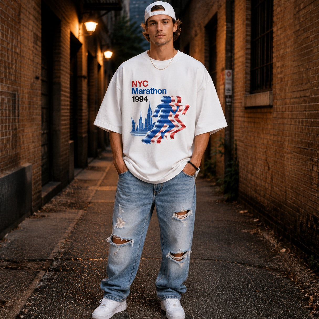 Person wearing a vintage NYC Marathon t-shirt in an alleyway.