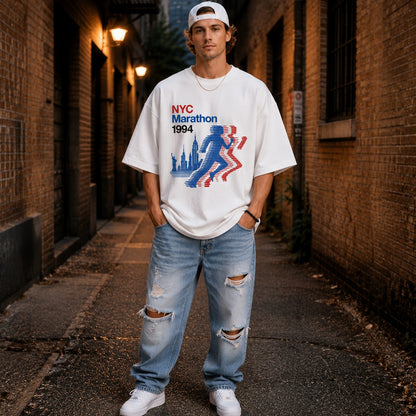 Person wearing a vintage NYC Marathon t-shirt in an alleyway.