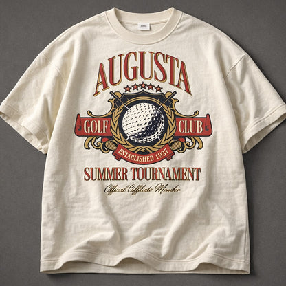 Beige t-shirt with Augusta Golf Club graphic on a gray background