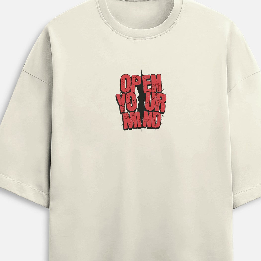 Beige t-shirt with red and black text 'Open Your Mind' on a light gray background