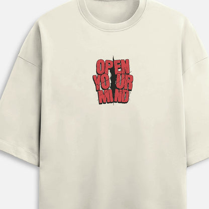 Beige t-shirt with red and black text 'Open Your Mind' on a light gray background
