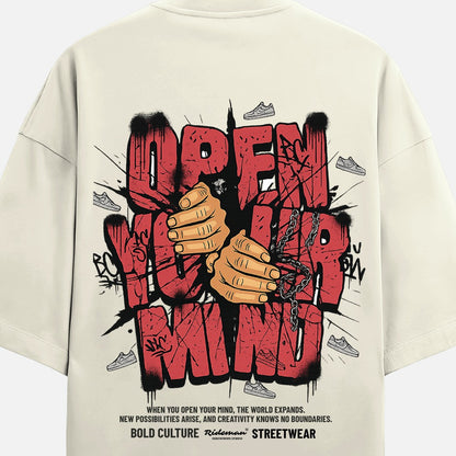 Beige t-shirt with graphic design of clasped hands and text on a white background