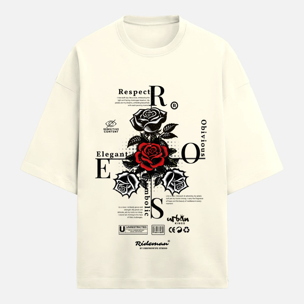 White t-shirt with black and red rose graphic and text on a light gray background