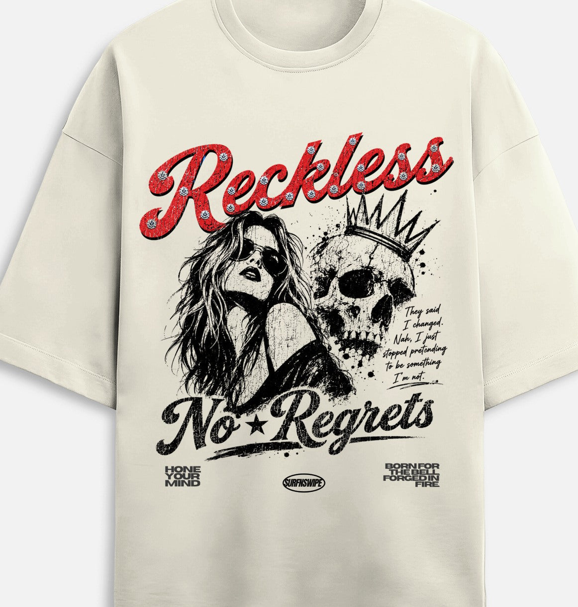 Off-white oversized Y2K streetwear graphic t-shirt with skull design