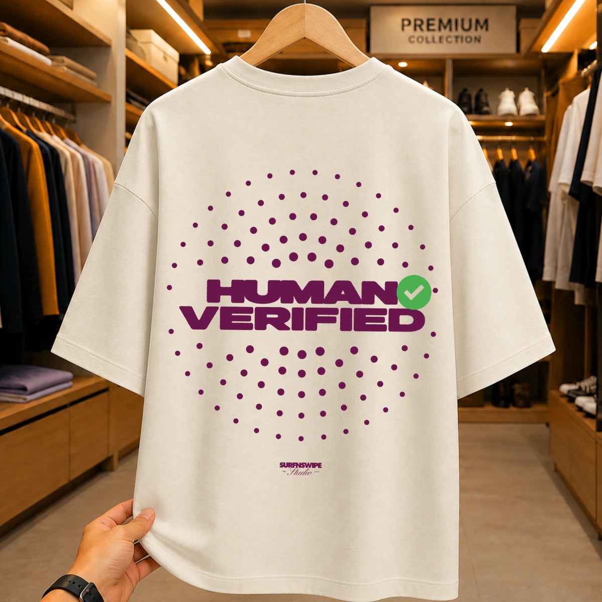 A cream-colored oversized t-shirt with a purple 'HUMAN VERIFIED' graphic and a green checkmark, held up by a hand inside a clothing store.