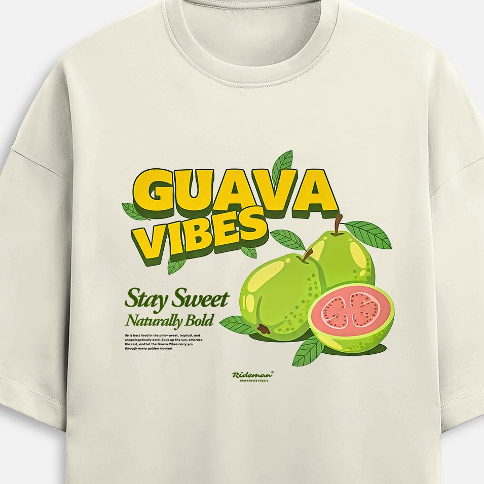 Beige t-shirt with 'Guava Vibes' graphic design featuring green guavas and text.