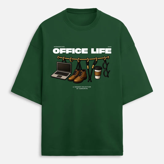 Green t-shirt with 'Office Life' graphic design on a white background