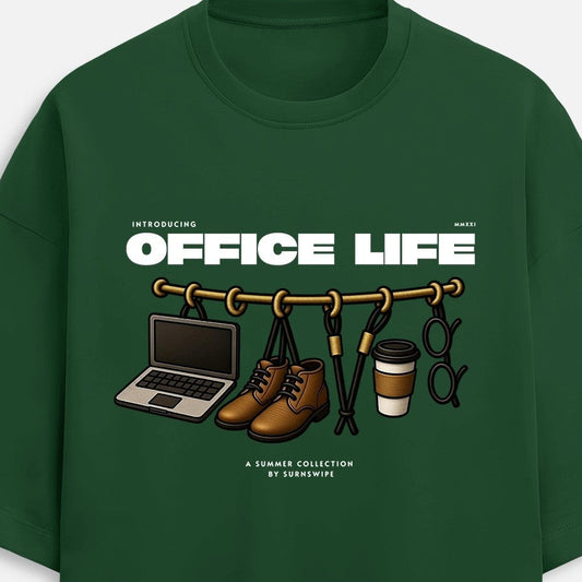 Green t-shirt with 'Office Life' graphic design on a white background