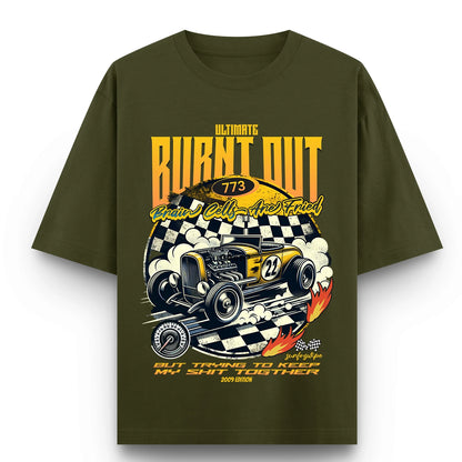 SURFNSWIPE Burnt Out Hot Rod oversized T-shirt in olive with bold yellow hot rod racing graphic and 'Ultimate Burnt Out' print