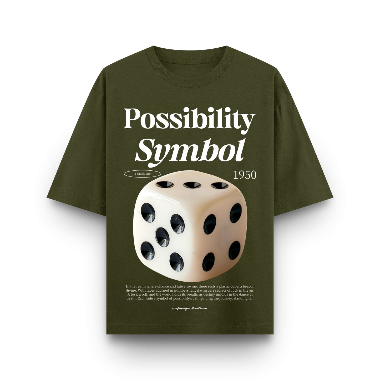 Green t-shirt with a dice graphic and text on a white background