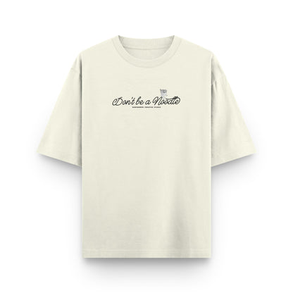 Beige t-shirt with text on a white background