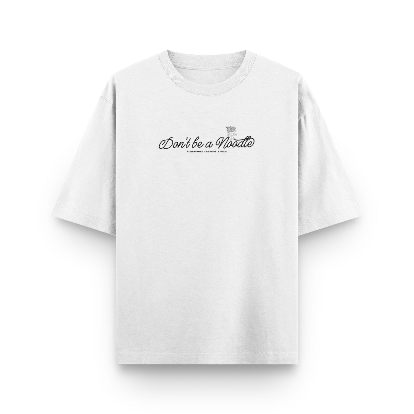 White t-shirt with black text on a white background