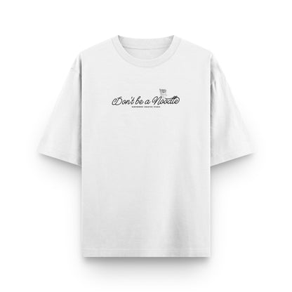 White t-shirt with black text on a white background