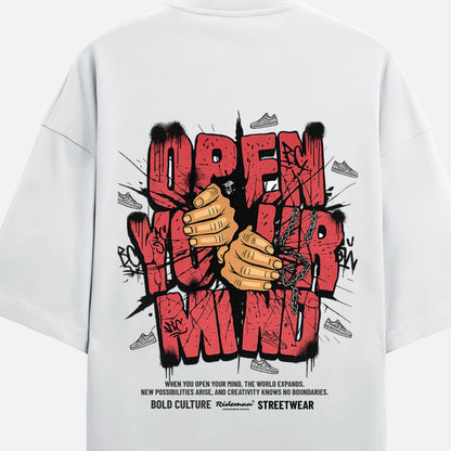 White t-shirt with red and black graphic design and text on a white background