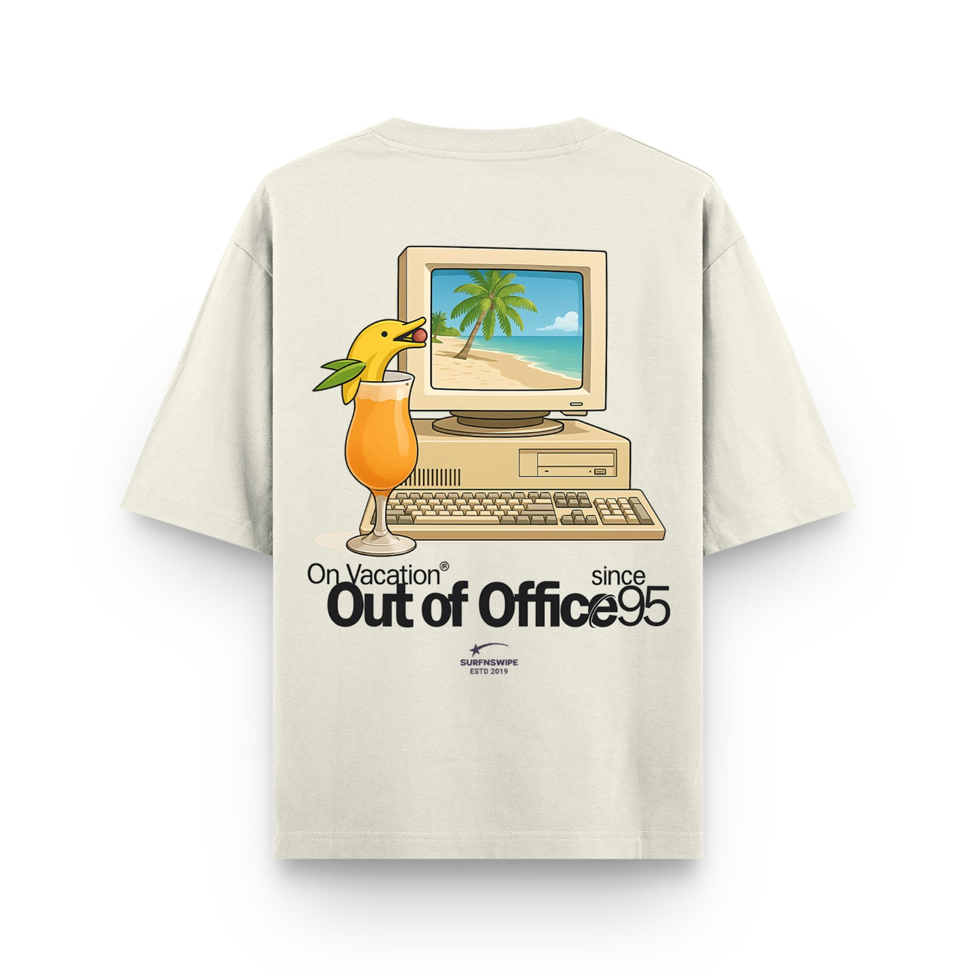 Beige t-shirt with a computer and duck graphic on the back, featuring text 'On Vacation Out of Office 95'.