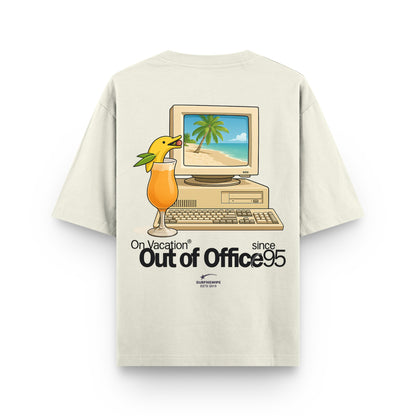 Beige t-shirt with a computer and duck graphic on the back, featuring text 'On Vacation Out of Office 95'.