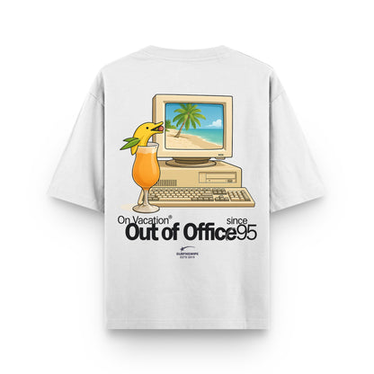 White t-shirt with a computer and duck graphic and text 'On Vacation Out of Office since 95' on a white background